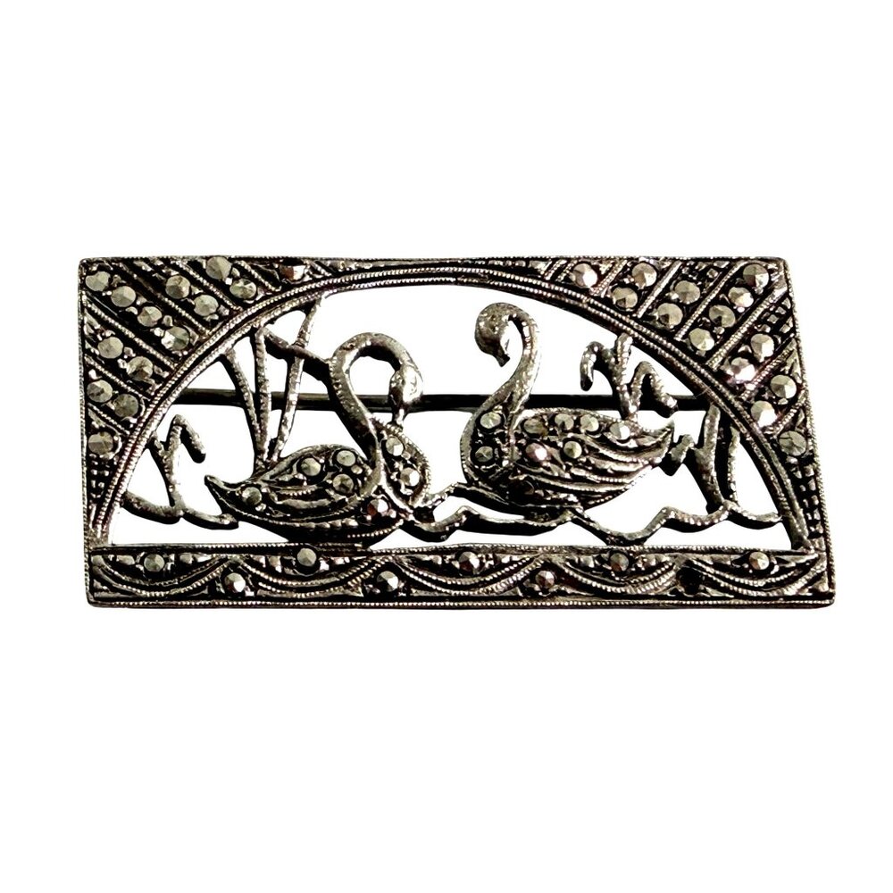 German Vintage Sterling Silver Marcasite Bar Pin Swans Motif 14 grams